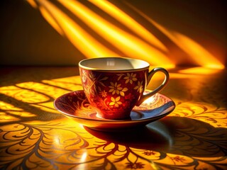 Wall Mural - Sunlit Coffee Silhouette: Ornate Cup & Saucer Shadow Photography