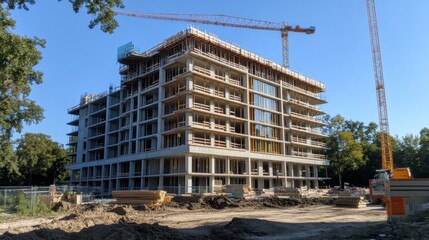 Wall Mural - Construction site with unfinished building under a blue sky