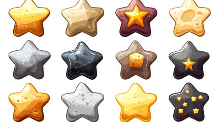 Poster - Star shape buttons with gold, silver, stone, marble and cheese textures for ui design. Vector cartoon set of shiny icons, symbols of achievement in computer game or mobile app