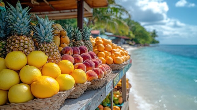 colorful tropical fruit market by the sea, ripe oranges, peaches, grapes, pineapples, sunny coastal 