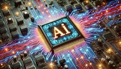 Poster - AI word on microchip and colorful light spread with strong beam	