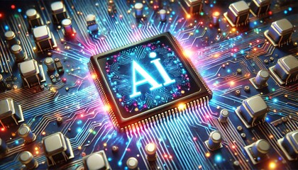 Poster - AI word on microchip and colorful light spread with strong beam	
