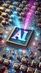 Aufkleber - AI word on microchip and colorful light spread with strong beam	
