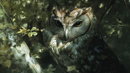 Wall Mural - A Nocturnal Owl Blends into the Forest