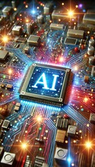 Poster - AI word on microchip and colorful light spread with strong beam	