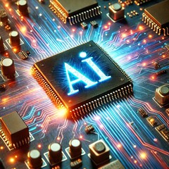 Poster - AI word on microchip and colorful light spread with strong beam	