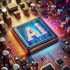 Poster - AI word on microchip and colorful light spread with strong beam	