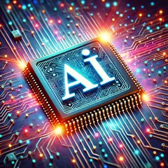 Poster - AI word on microchip and colorful light spread with strong beam	