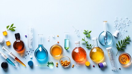 Poster - Symmetrical arrangement of various laboratory glassware such as flasks beakers and test tubes filled with colorful liquids on a clean white tabletop or surface