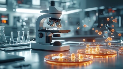 Poster - A visually balanced and organized overhead shot of a microscope surrounded by vibrant glowing bacterial cultures growing in petri dishes showcasing the tools and setup for scientific research