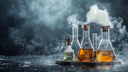 Poster - A clean and minimal image showcasing the elegant process of boiling liquids in transparent laboratory flasks with steam rising gracefully in a controlled and scientific setting