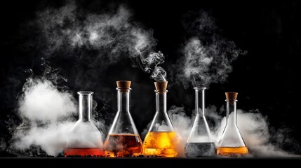Poster - elegant and controlled boiling liquids in a minimalist laboratory setting with steam rising from tra