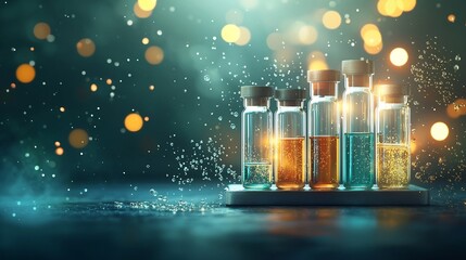Poster - Close up of a rack of test tubes filled with colorful chemical substances against a soft glowing backdrop creating a captivating scientific and technological atmosphere