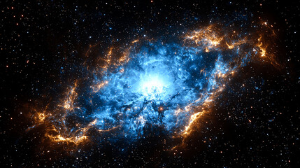 cosmic nebula with blue and orange hues.