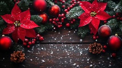 Wall Mural - christmas background with poinsettia flowers berries and snow on rustic wooden background