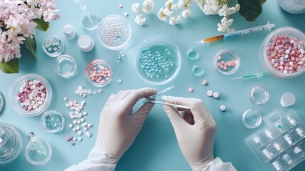 Poster - Hands wearing gloves working with petri dishes and glass slides examining biological samples and specimens in a professional laboratory or research setting