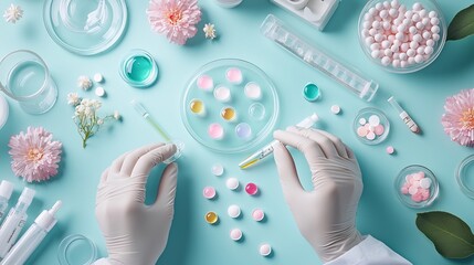 Poster - Close up view of hands wearing protective gloves carefully handling petri dishes and glass slides containing biological samples for scientific analysis and medical research in a laboratory setting