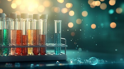 Poster - close up view of a lab equipment rack filled with colorful chemical substances and test tubes