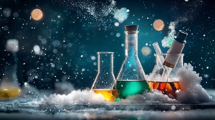 Poster - A striking and contemporary composition showcasing the beauty of chemical reactions occurring within laboratory glassware highlighted by soft and diffused lighting effects to create a clean elegant