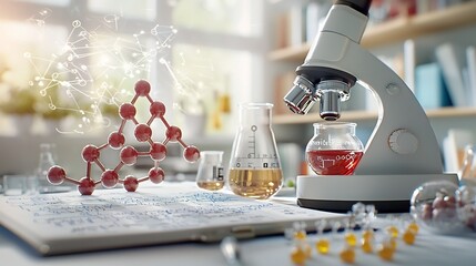 Poster - a clean and professional image showcasing molecular models arranged on a laboratory table with scien