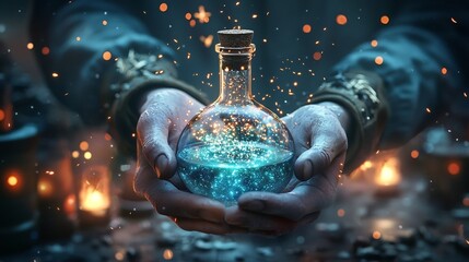Poster - Photograph of a professional researcher carefully and precisely holding a conical flask filled with a glowing blue liquid