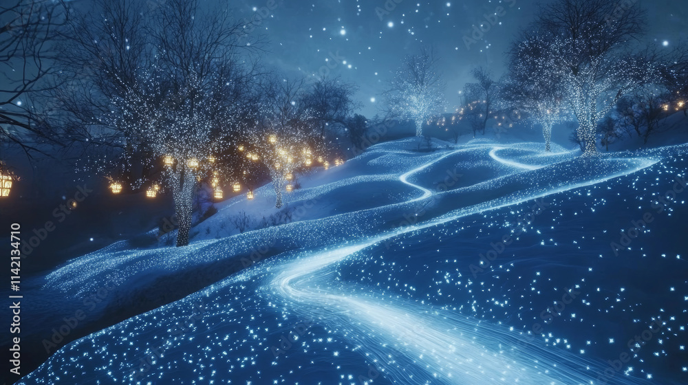 Cold winter light effect, curve bright twinkle line. Wind blow with ...