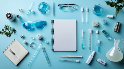 Poster - Overhead view of a meticulously arranged flat lay featuring safety goggles a lab notebook chemical flasks and various scientific tools and equipment on a clean minimalist background