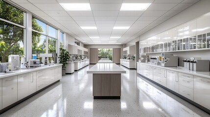 Poster - Visually Balanced Image of an Empty and Pristine Modern Laboratory with Neatly Arranged Scientific Equipment and Pristine Countertops