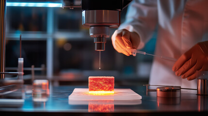 Poster - scientist examining a meat sample under a microscope in a laboratory setting at night