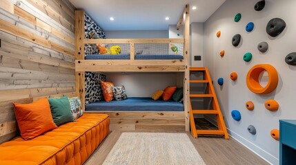 Aufkleber - A room with a bunk bed and a rock wall