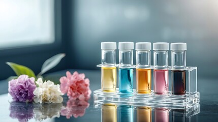 Poster - Vibrant Assortment of Multicolored Liquid Filled Test Tubes Arranged Neatly in a Glass Rack Resting on a Glossy Reflective Table Surface Showcasing Scientific Experimentation and Laboratory Research