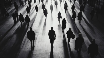 Silhouettes of people walking under bright city lights