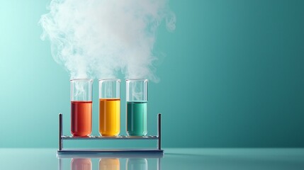 Poster - Vibrant and captivating display of colorful liquid filled test tubes arranged in a glass rack set upon a reflective table surface showcasing the scientific and discovery process