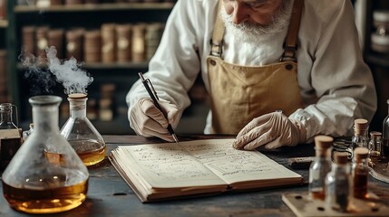 Poster - Focused Scientist Carefully Documenting Research Observations and Discoveries in a Laboratory Notebook Surrounded by Scientific Glassware and Equipment