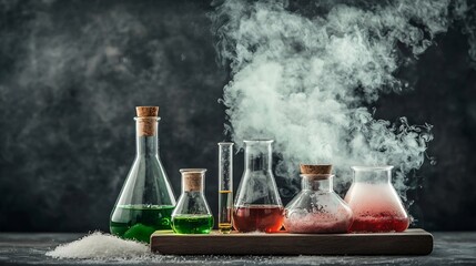 Poster - Visually Balanced Composition of Chemical Glassware with Green and Red Liquids Bubbling and Creating a Smoky Effect in the Laboratory Setting