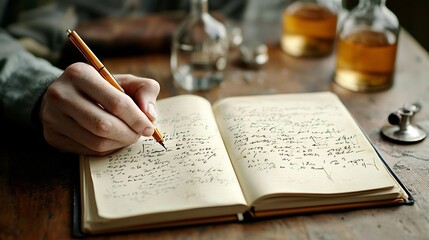 Poster - portrait of a scientist writing notes in a research journal while various laboratory flasks and equi