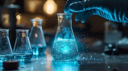 Aufkleber - carefully mixed glowing liquids in laboratory beakers and flasks with a soft blue ambient lighting s