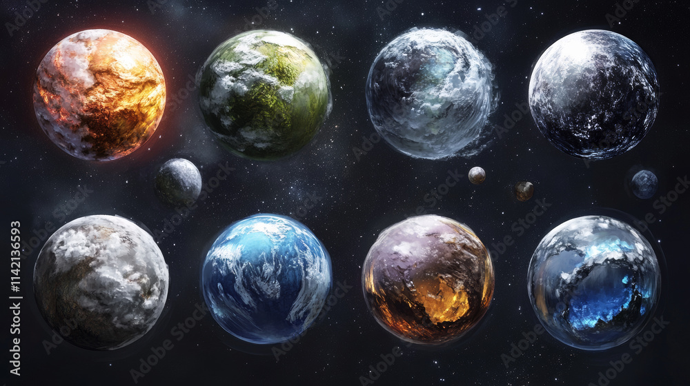 Game icons of fantasy planets and asteroids in outer space. Vector ...