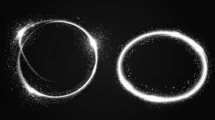 Poster - Light circles with sparkles, magic glow effect. Vector realistic set of white shiny rings and swirls, round frames of flare trail with glitter dust isolated on black background