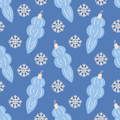 Christmas tree decorations and toys pattern. Festive Christmas icicles on soft blue background, retro vintage colors. Vector illustration