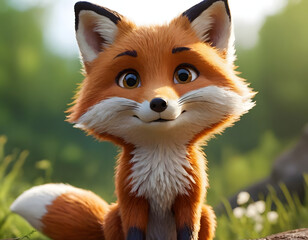 closeup shot of beautiful 3d fox cartoon character blurry background in the forest nature concept wildlife  