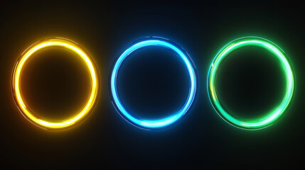 Poster - Round light portals isolated on black background. Vector realistic illustration of futuristic neon blue, yellow, green holograms for game ui design, sparkles, digital teleport, lightning strike effect