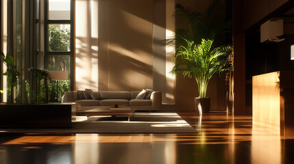 Poster - modern interior design featuring a spacious living room with natural light and greenery in a contemp