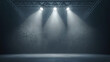 © Rima - A stage with spotlights, vector illustration. A spotlight shines down from the top of three LED light bulbs on an iron truss system onto the floor. The background is gray and hazy.