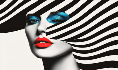 Poster - Dynamic Fashion Portrait with Bold Makeup and Abstract Stripes Capturing Vibrant Beauty and Modern Art in High-Contrast Design