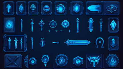 Poster - User profile ui game elements with avatar, bars and icons in round and square blue frames. Vector cartoon set of game design interface for display health, power and assets