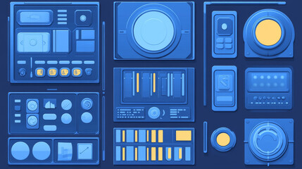 Poster - User profile ui game elements with avatar, bars and icons in round and square blue frames. Vector cartoon set of game design interface for display health, power and assets