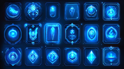 Poster - User profile ui game elements with avatar, bars and icons in round and square blue frames. Vector cartoon set of game design interface for display health, power and assets