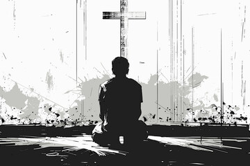 Wall Mural - Man is kneeling on the ground with his hands clasped in front of him. He is looking up at a cross. flat vector illustration