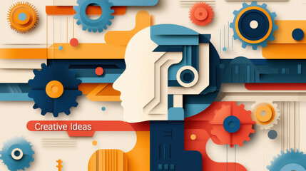 Poster - 2025 Creative Project concept. Creative ideas with abstract gears and human like silhouette